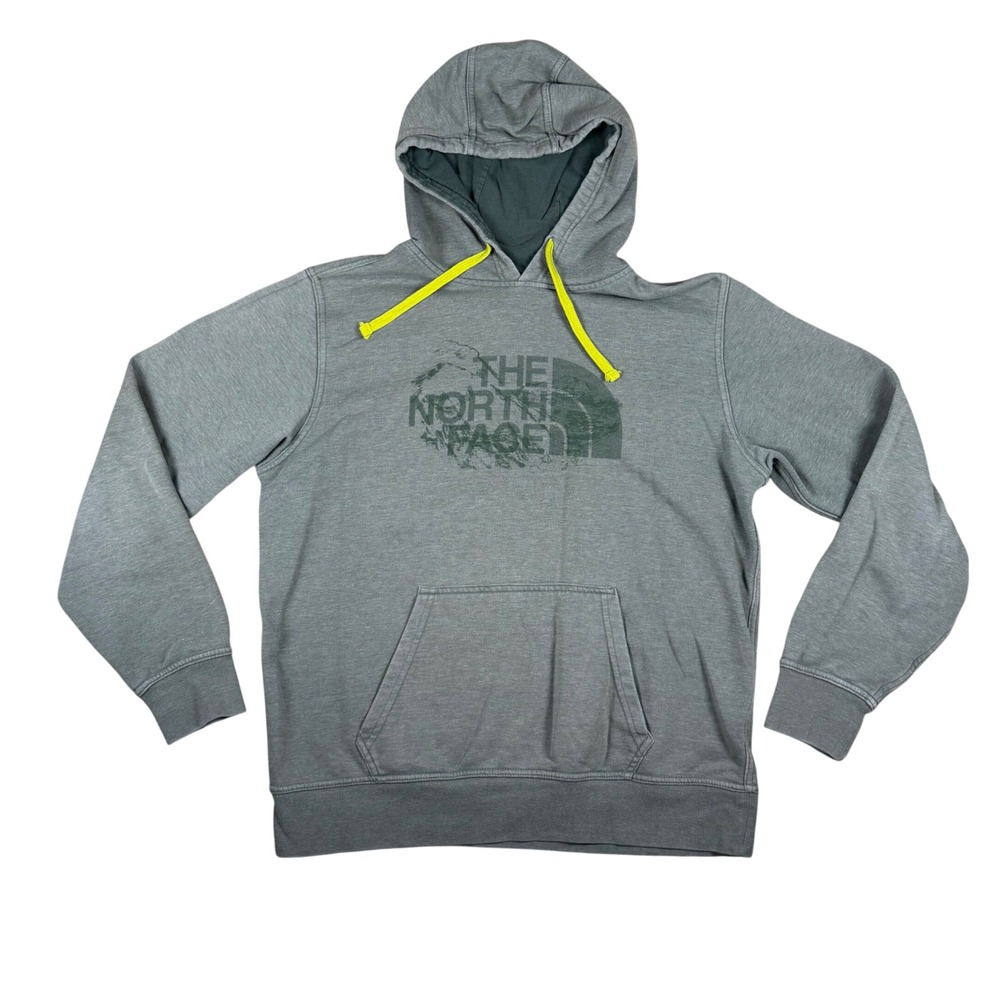 The North Face Mens Gray Distressed Logo Pullover Hoodie Size Large Neon Yellow